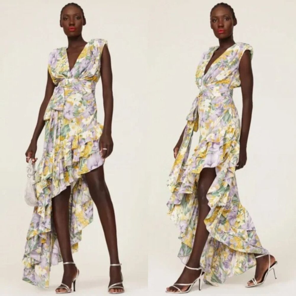 Bronx And Banco Tropics Gown Floral Asymmetrical Ruffle Tiered Maxi Dress Silk 8